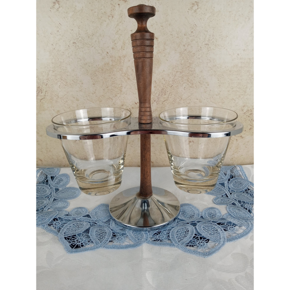 MCM Kromex Condiment Carousel/Server with 2 Glass Cups - Picture 2 of 12